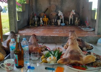 มหาสารคาม ร่วมใจจัดเครื่องบูชาแก้บนศาลปู่ประจำหมู่บ้านเพื่อความเป็นสิริมงคล