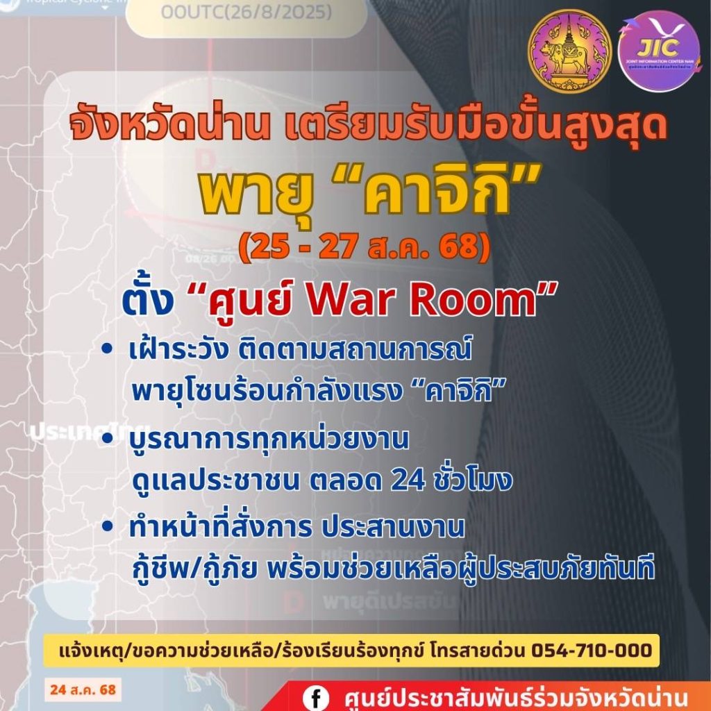 ศูนย์บรรเทาสาธารณภัยตรวจความพร้อมรับมือพายุ “คาจิกิ” จังหวัดน่าน 13 Talknews Online