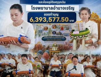 อำนาจเจริญ รมต.สุขสมรวย นำทอดผ้าป่าสามัคคีมหากุศล ระดมพลังศรัทธาพัฒนาหอสงฆ์อาพาธ ห้องผ่าตัด และห้องอุบัติเหตุฉุกเฉิน โรงพยาบาลอำนาจเจริญ ยอดทำบุญกว่า 6,393,577.50 บาท