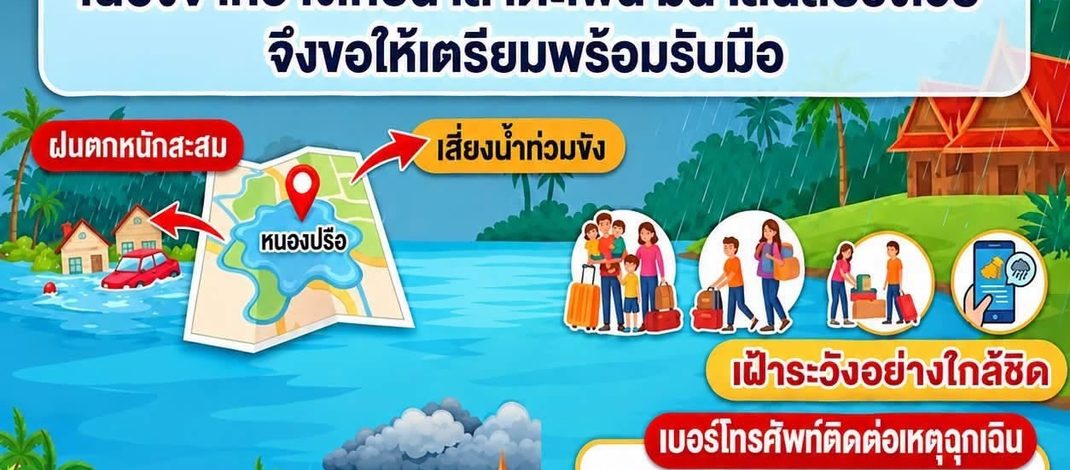 กาญจนบุรี – เทศบาลตำบลหนองปรือ ประกาศเตือนขอให้ประชาชนเฝ้าระวังน้ำป่าไหลหลากและเตรียมพร้อมรับมือน้ำท่วมฉับพลัน