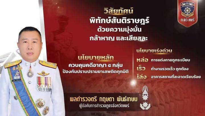 “พลตำรวจตรี กฤษดา พันธ์เกษม”ผู้บังคับการตำรวจภูธรจังหวัดแพร่ ประกาศวิสัยทัศน์และนโยบายการบริหารราชการ “พิทักษ์สันติราษฎร์ ด้วยความมุ่งมั่น กล้าหาญ และเสียสละ”