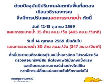 กาญจนบุรี : เขื่อนวชิราลงกรณ จังหวัดกาญจนบุรี ประกาศแจ้งปรับลดการระบายน้ำ เขื่อนวชิราลงกรณ